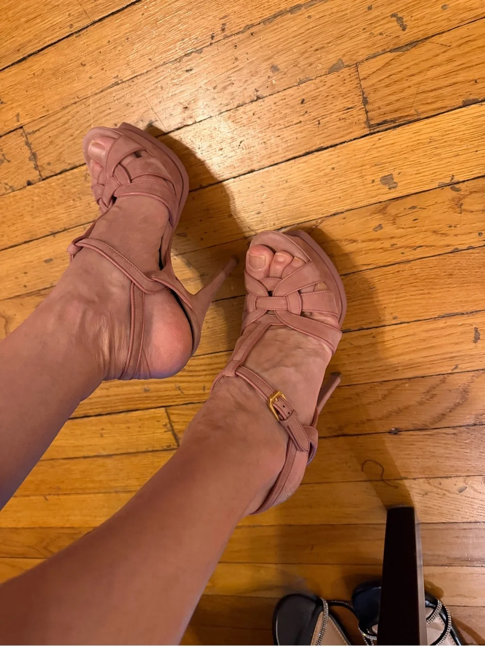 Yves Saint Laurent Rose Suede Platform T-Strap Heels
